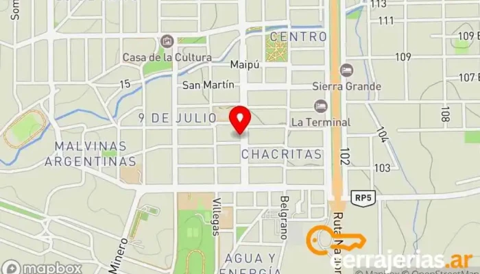 mapa de Grupo Jecsa - Materiales y Aberturas de Aluminio Tienda de materiales para la construcción, Ventana de aluminio, Instalador de gas, Tienda de suministros para albañilería, Pinturería, Tienda de artículos de fontanería en Sierra Grande
