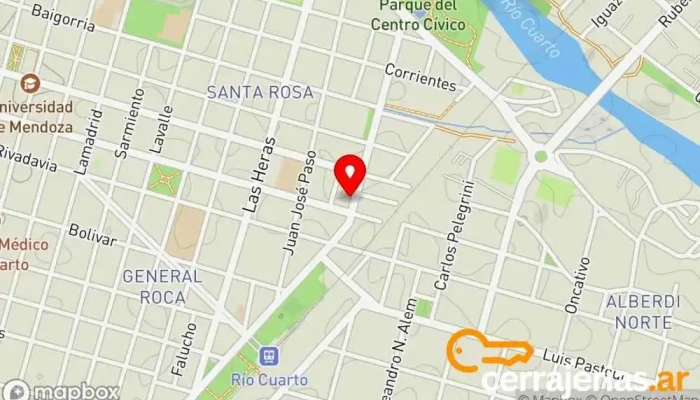 mapa de Jachi Vidrios Srl Tienda de cristales, Tienda de equipos de baños, Proveedor de puertas, Cristalero, Tienda de espejos, Proveedor de ventanas en Río Cuarto